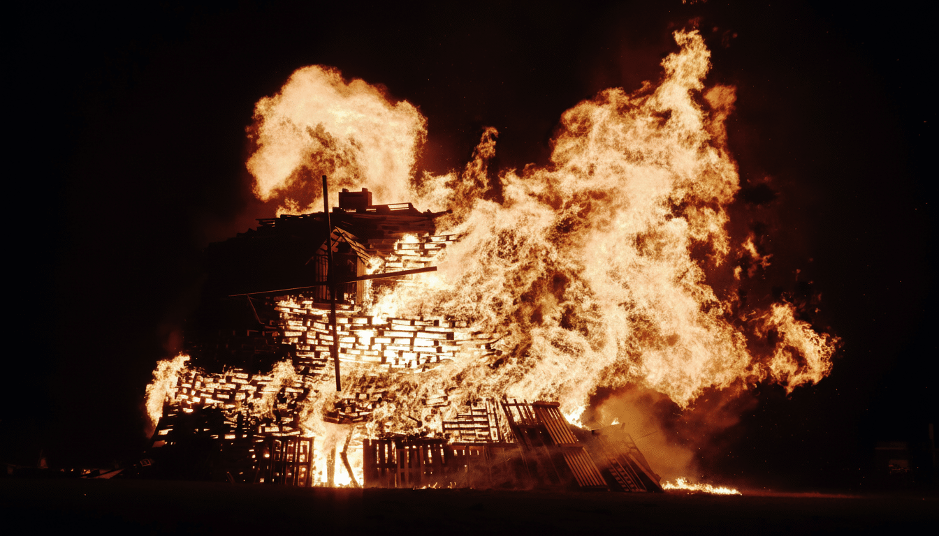 A large bonfire made of wooden pallets burning brightly against a dark night sky.