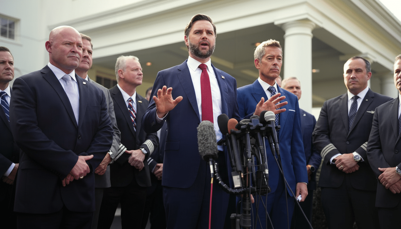A man in a suit and red tie speaks at a podium with microphones, surrounded by other men in suits, with a white building in the background.