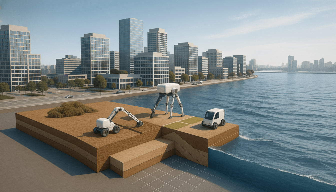 A 16:9 aspect ratio image showing a futuristic construction scene by a body of water with a city skyline in the background. Robotic construction vehicles are on a raised platform of earth, with one digging and another resembling a large tripod. A small white truck is also present.