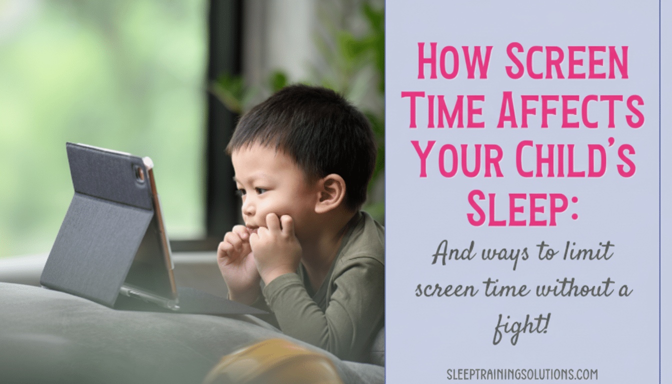 A young child looking intently at a tablet, with text overlay about how screen time affects a childs sleep.