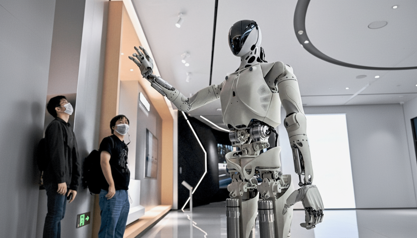 A large, white humanoid robot with a black head stands with one arm raised, seemingly interacting with two masked individuals in a modern, well-lit interior space.