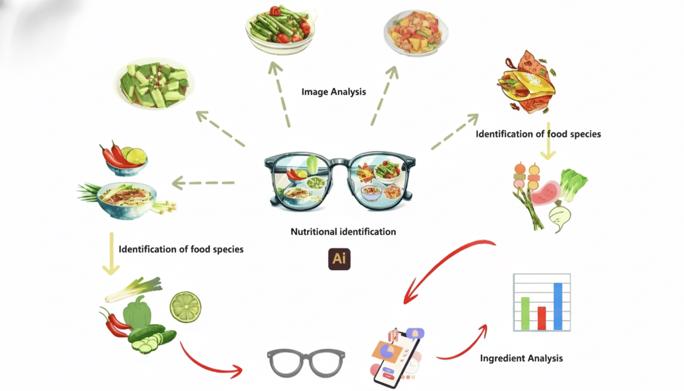 A diagram illustrating the process of nutritional identification through AI, showing various food items, glasses, and analysis steps.