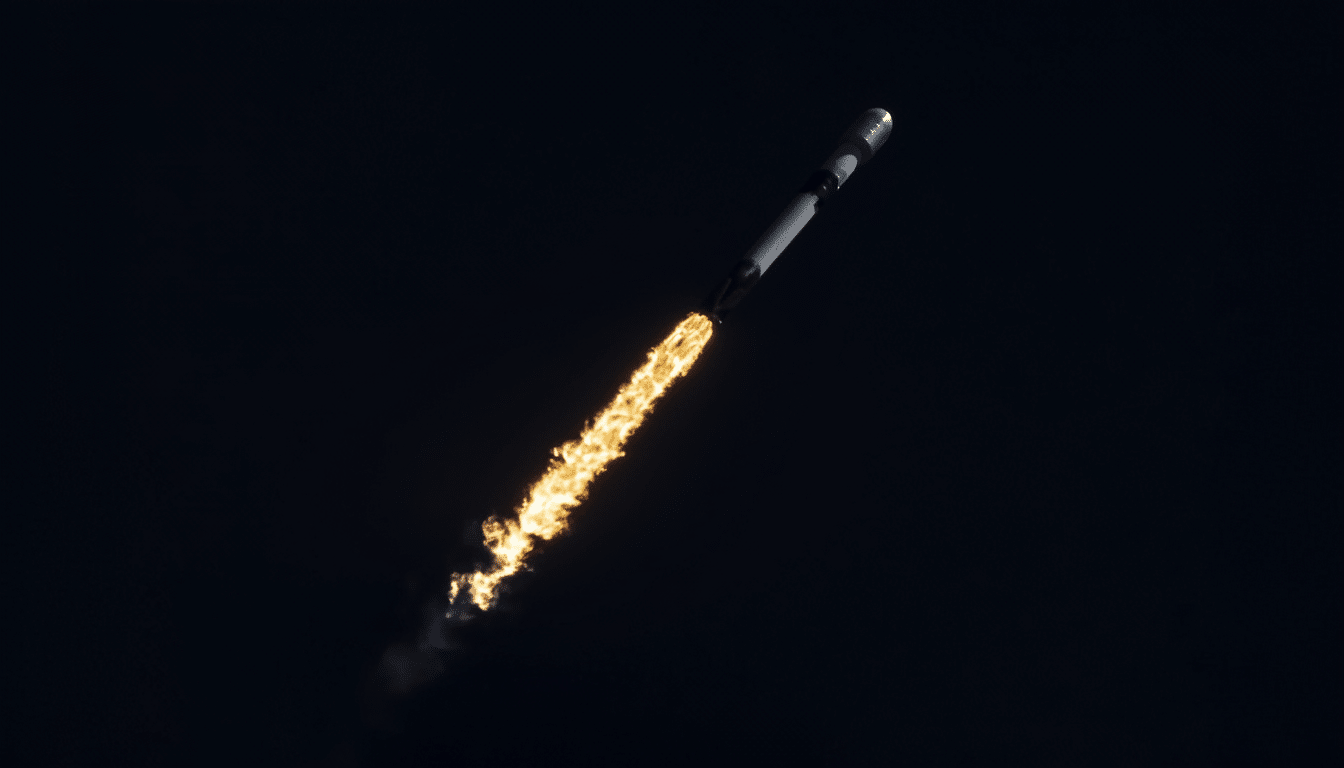 A rocket with a fiery exhaust plume ascends against a dark background.