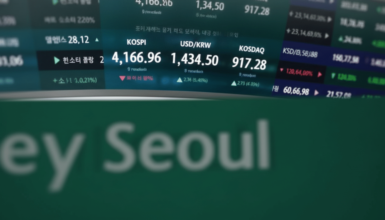 A screen displaying financial data with KOSPI, USD/KRW, and KOSDAQ figures, and the blurred text ey Seoul in the foreground.