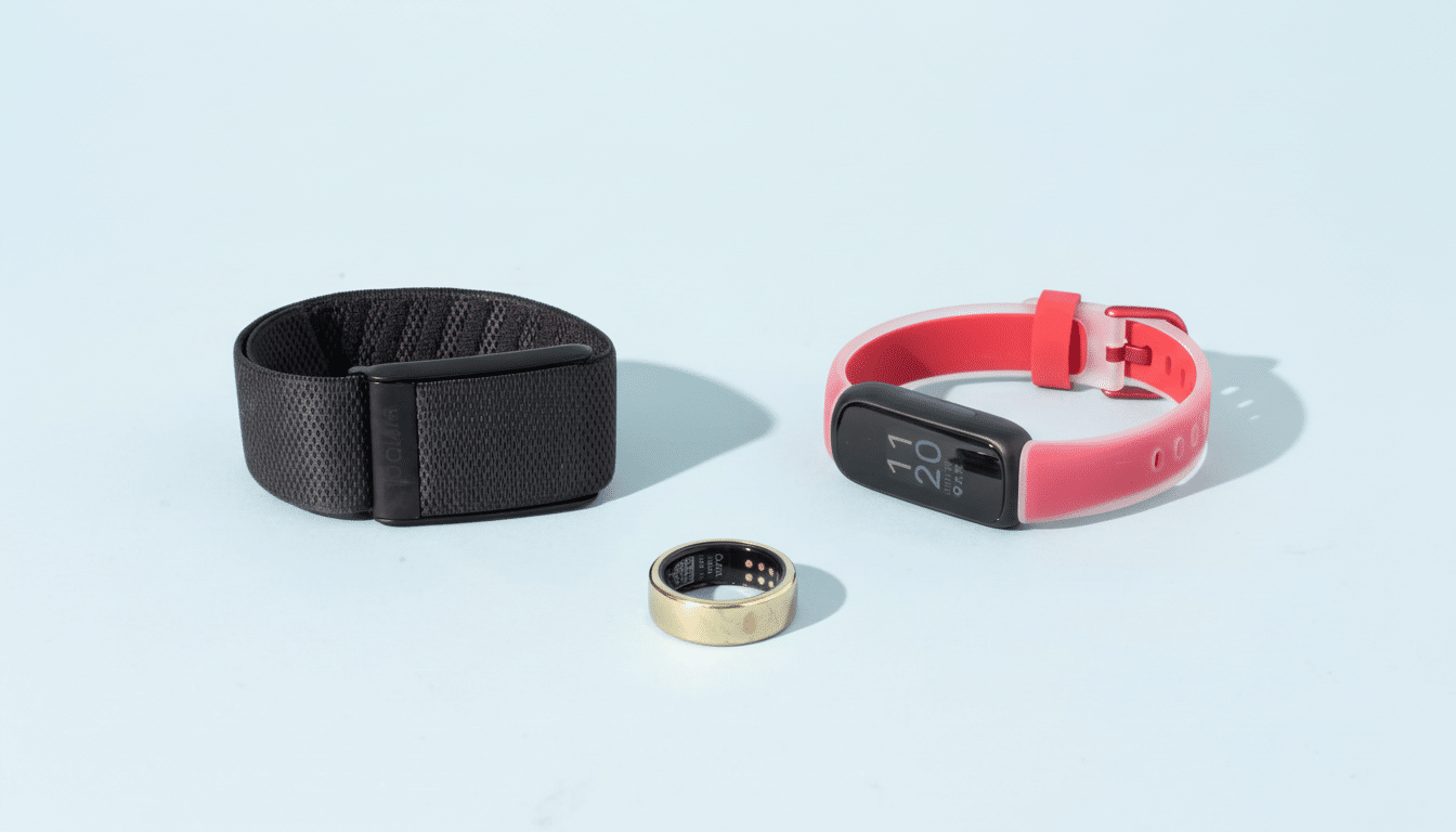 A black fitness band, a gold smart ring, and a pink and black fitness tracker are displayed on a light blue background.