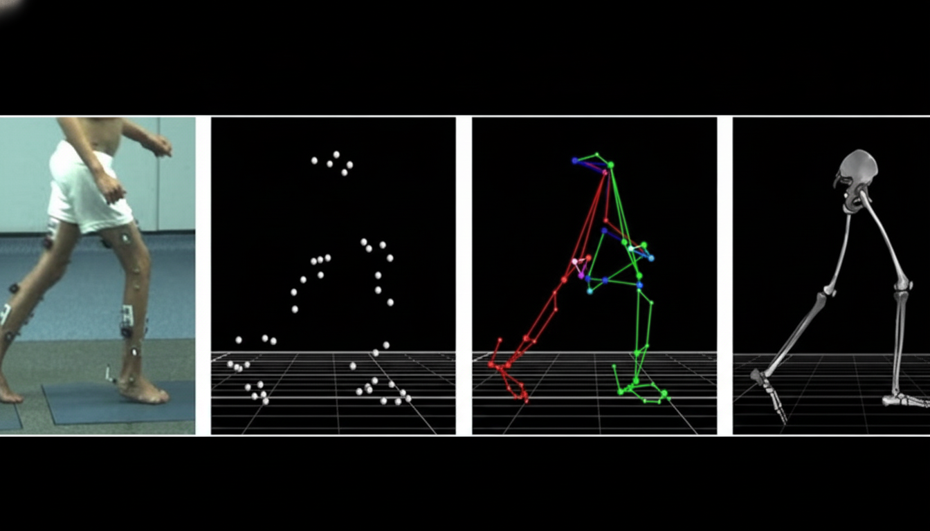 A four-panel image showing the process of motion capture and skeletal modeling. The first panel shows a persons lower body with motion capture markers. The second panel displays white dots representing the markers in a 3D space. The third panel shows a colored stick figure model derived from the markers. The fourth panel presents a detailed 3D skeletal model of the lower body.