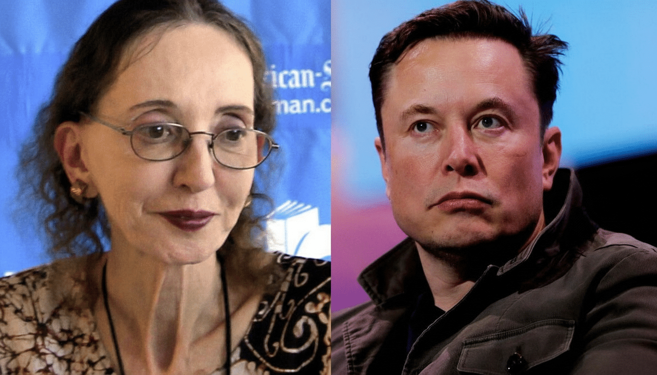 A split image showing Joyce Carol Oates on the left and Elon Musk on the right.