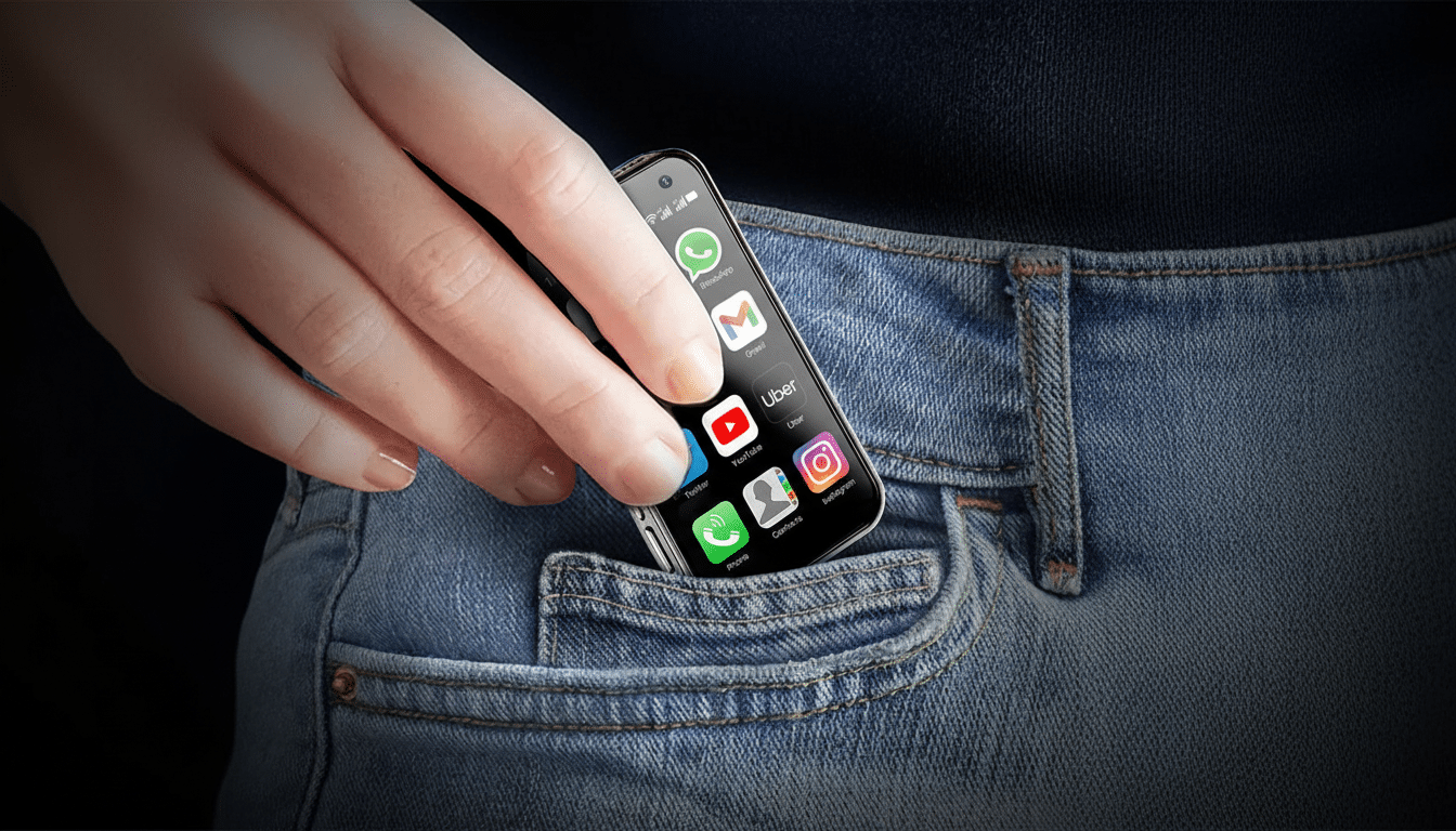 A hand placing a very small smartphone into the coin pocket of a pair of blue jeans. The phone displays various app icons.