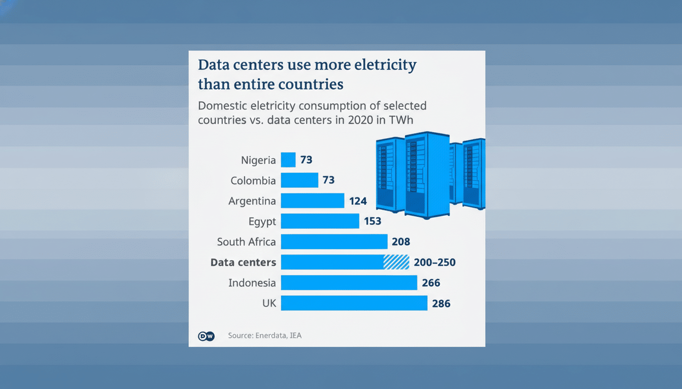 A bar chart showing data centers use more electricity than entire countries, comparing domestic electricity consumption of selected countries versus data centers in 2020 in TWh. Data centers consume 200-250 TWh, exceeding countries like Nigeria (29 TWh), Colombia (73 TWh), Argentina (124 TWh), Egypt (153 TWh), and South Africa (208 TWh), but less than Indonesia (266 TWh) and the UK (286 TWh).