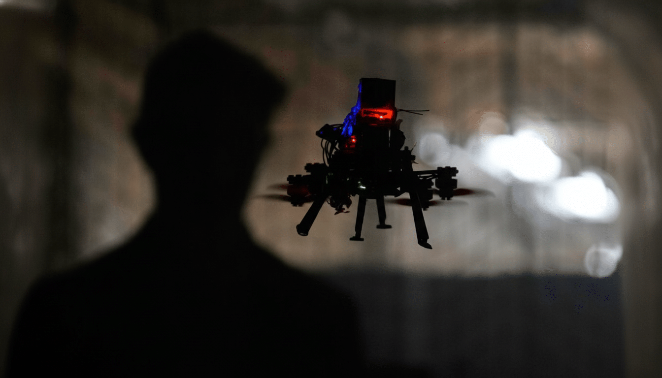A drone with glowing red and blue lights hovers in the air, seen from behind the silhouette of a persons head and shoulders.