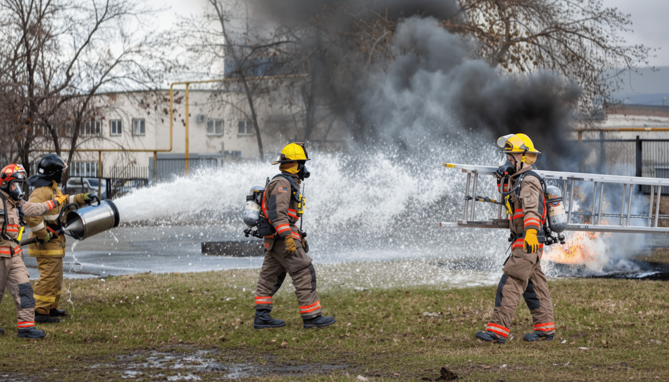 Firefighters extinguishing a fire with water and carrying a ladder.