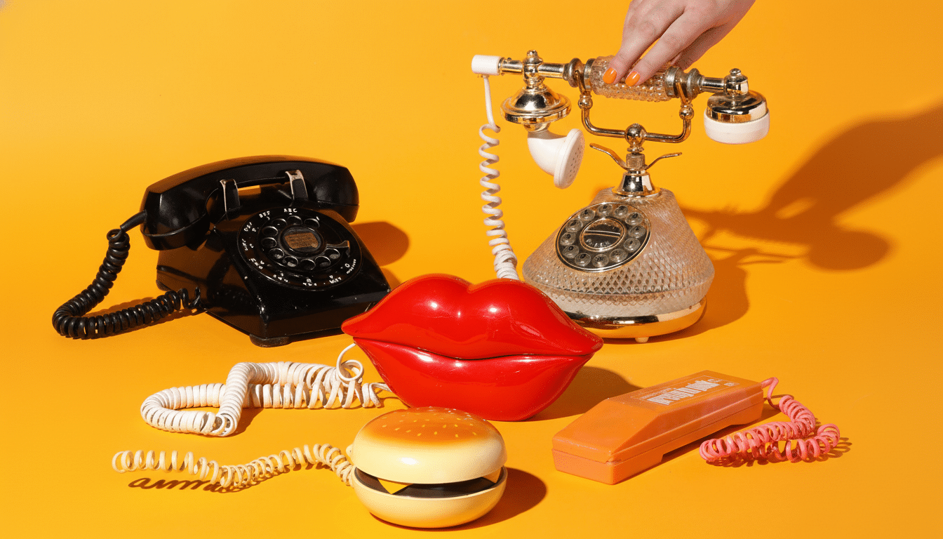 A collection of novelty and vintage telephones, including a black rotary phone, a clear and gold ornate phone, a red lip-shaped phone, a hamburger phone, and an orange rectangular phone, all arranged on a vibrant yellow background.