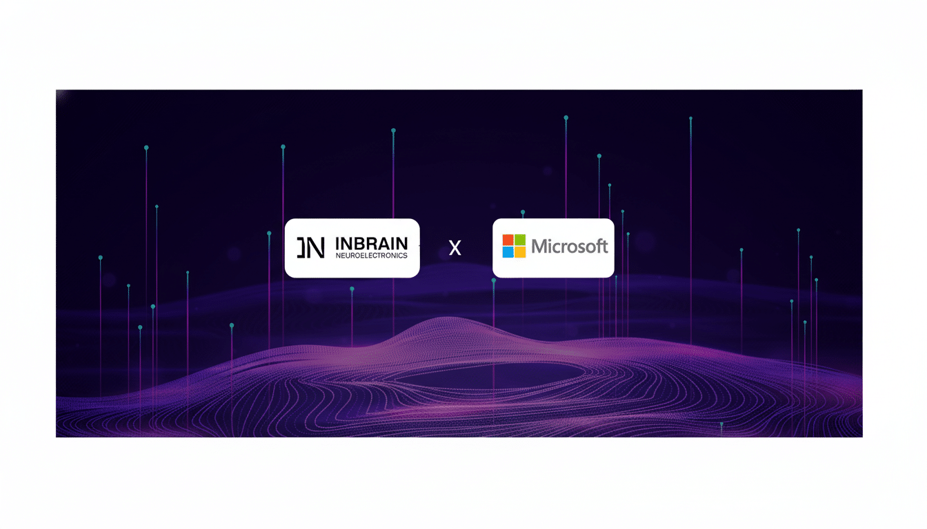 The Inbrain Neuroelectronics and Microsoft logos are displayed side-by-side, connected by an X, against a dark background with abstract purple and green digital patterns.