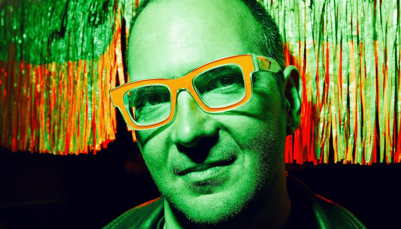 A man with orange glasses and a green-tinted face smiles at the camera.