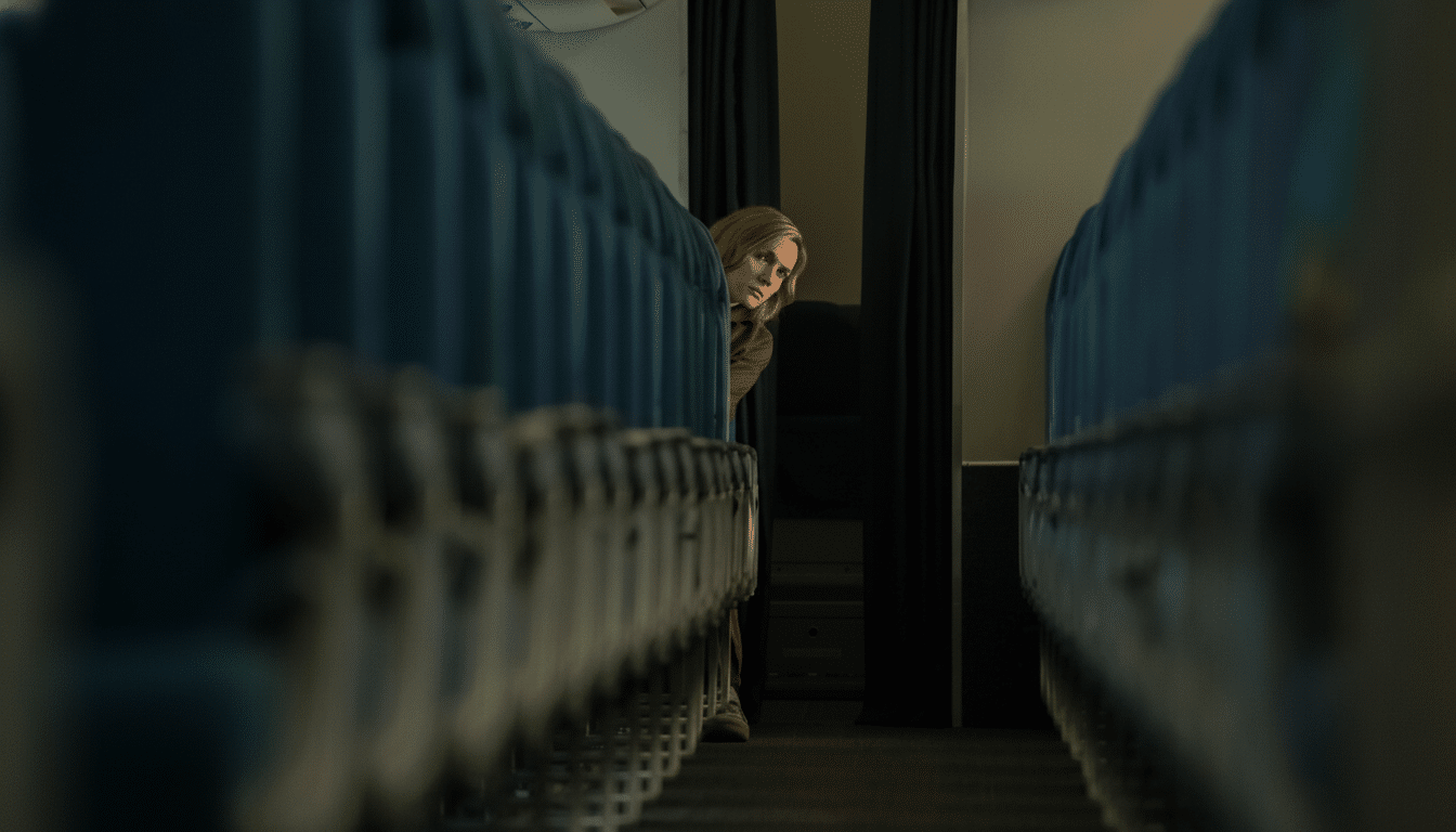 A woman with blonde hair peeks out from behind a seat in an airplane aisle, looking forward with a concerned expression.