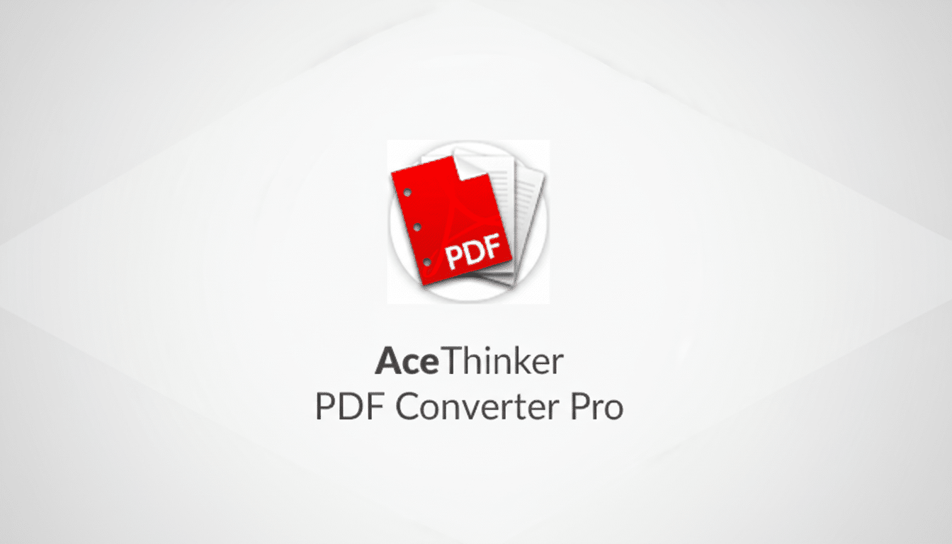 The AceThinker PDF Converter Pro logo, featuring a red document icon with PDF written on it, centered on a light gray background with subtle geometric patterns.