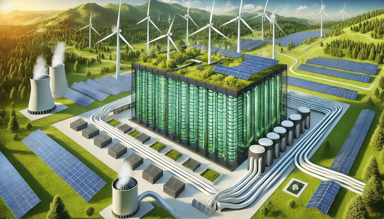 An aerial view of a sustainable energy complex featuring a central green data center, surrounded by solar panels, wind turbines, and cooling towers, all set within a lush, green landscape under a bright sky.