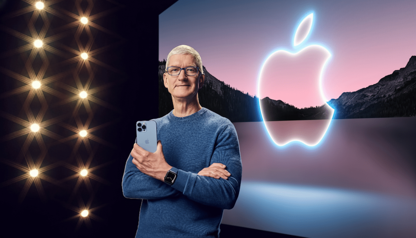 Tim Cook holding an iPhone, standing in front of a large screen displaying the Apple logo and a scenic background.