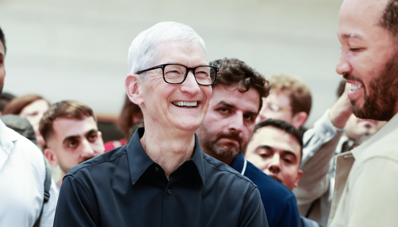 Tim Cook smiling and laughing in a crowd of people.