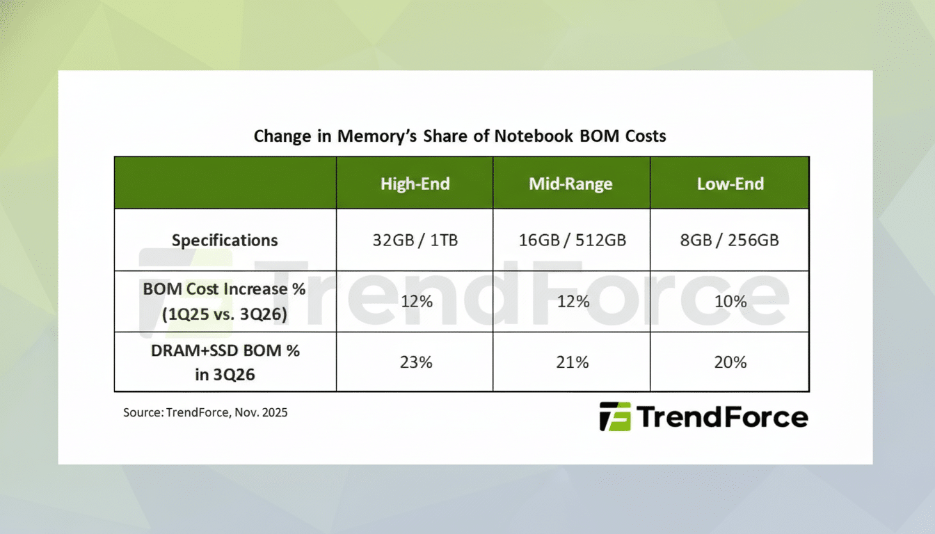 A table showing the change in memorys share of notebook BOM costs, categorized by High-End, Mid-Range, and Low-End specifications, with data on BOM cost increase percentage and DRAM+SSD BOM percentage in 3Q26.