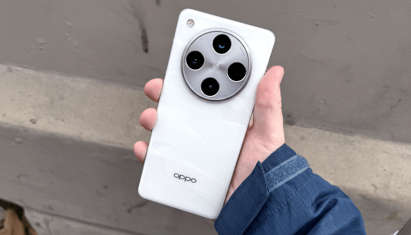 A hand holding a white Oppo smartphone with a large circular camera module on the back, featuring four lenses. The background is a light gray wall.