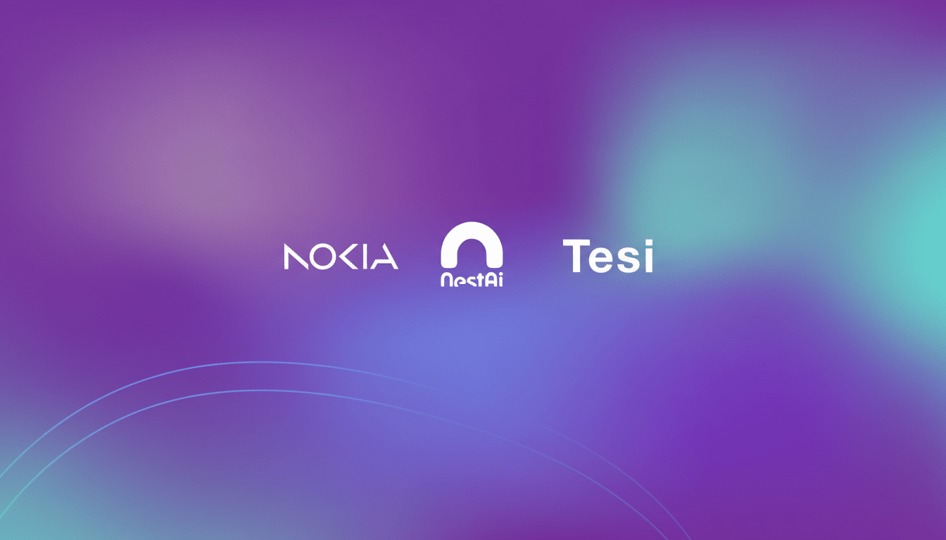 The Nokia, NestAI, and Tesi logos are displayed in white against a blurred background of purple and teal gradients, with subtle blue lines curving across the bottom.