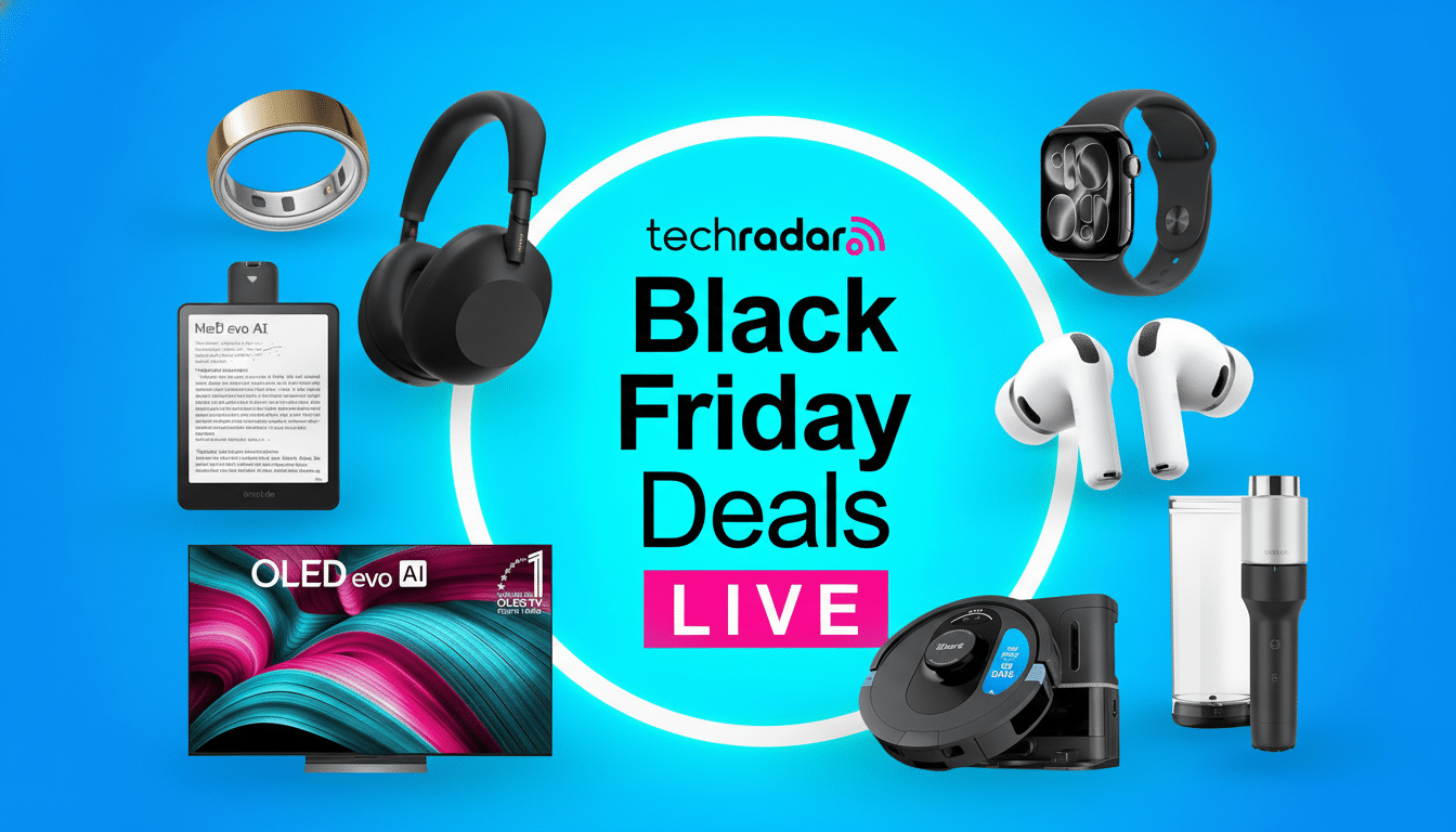 A 16:9 aspect ratio image featuring various tech products like a smart ring, headphones, e-reader, smartwatch, earbuds, a robot vacuum, and a TV, surrounding a central circle with techradar Black Friday Deals LIVE text.
