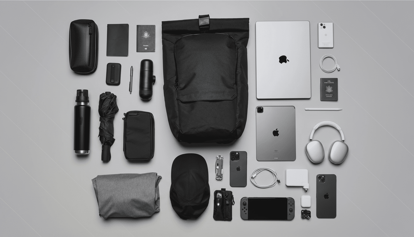 A flat lay of various tech gadgets and travel essentials, including a black backpack, laptop, tablets, smartphones, headphones, and other accessories, all neatly arranged on a light gray background.