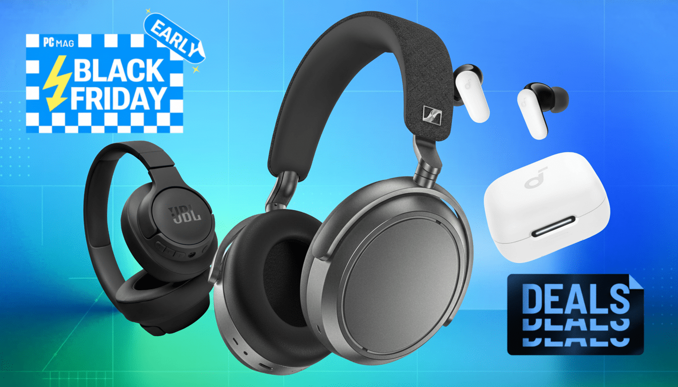 An image showcasing various audio products, including over-ear headphones and wireless earbuds, with PC MAG EARLY BLACK FRIDAY DEALS text overlays.