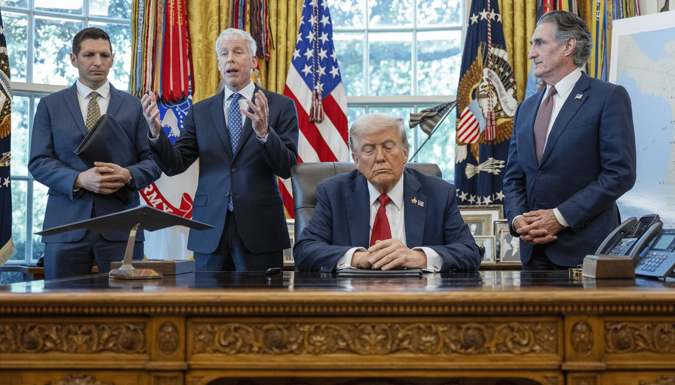 Donald Trump seated at a desk with three men standing behind him, resized to a 16:9 aspect ratio.