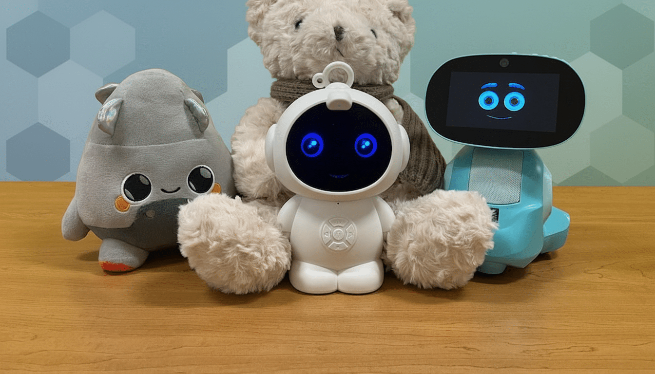 A white robot with blue eyes and fluffy arms sits between a gray plush toy and a blue robot with a screen face, in front of a teddy bear, all on a wooden surface with a blue and gray patterned background.