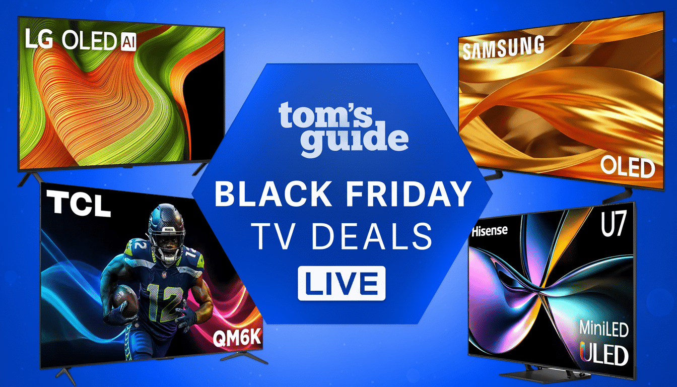 A promotional image for Toms Guide Black Friday TV Deals, featuring four televisions from LG, Samsung, TCL, and Hisense, arranged around a central hexagonal logo on a blue background.