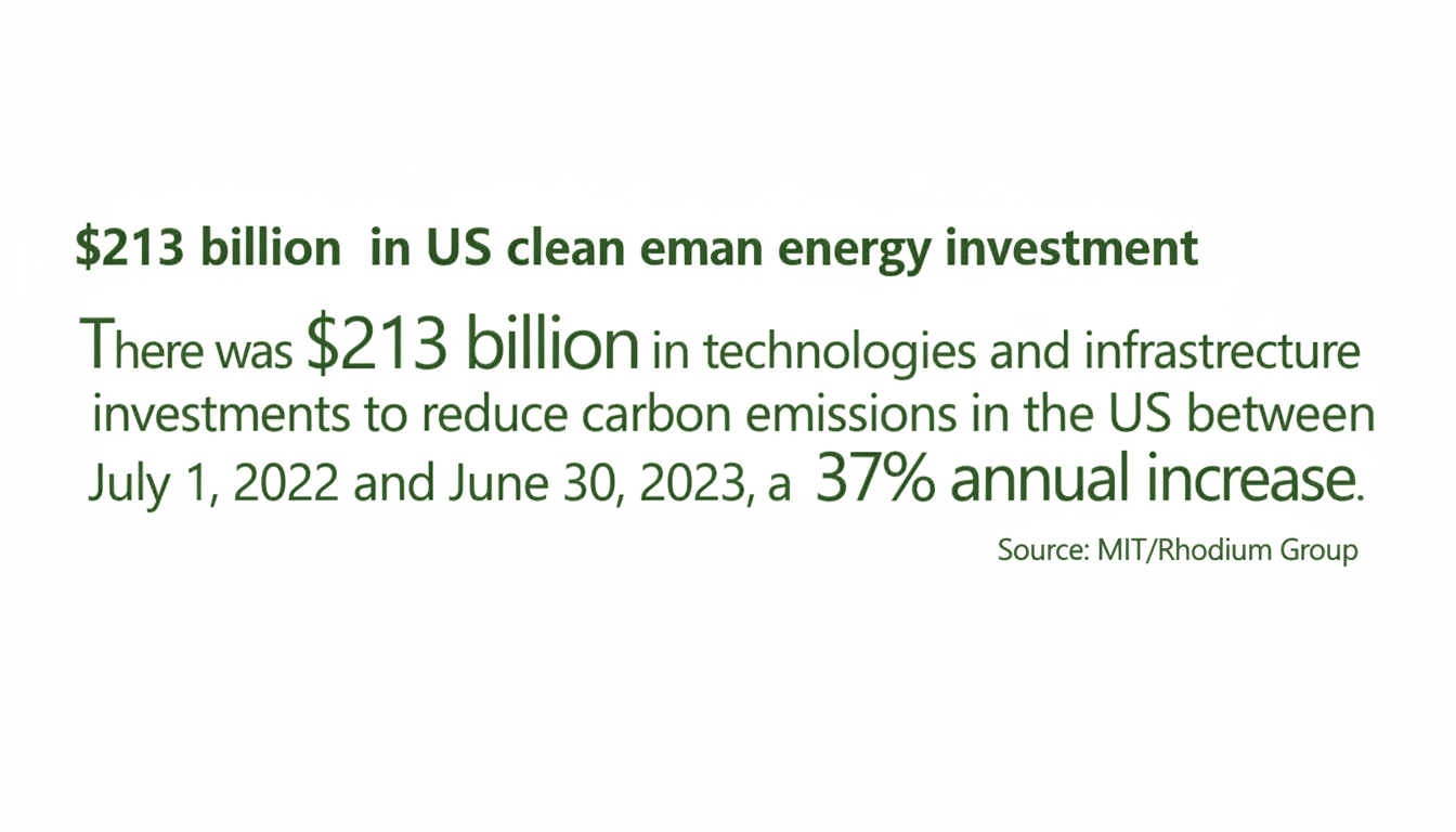 Climate tech investment surge with solar panels, wind turbines, and upward chart
