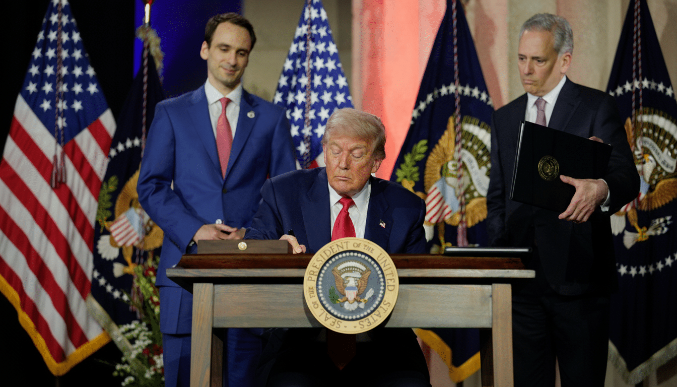 Donald Trump signing a document at a podium, flanked by two men and American flags.