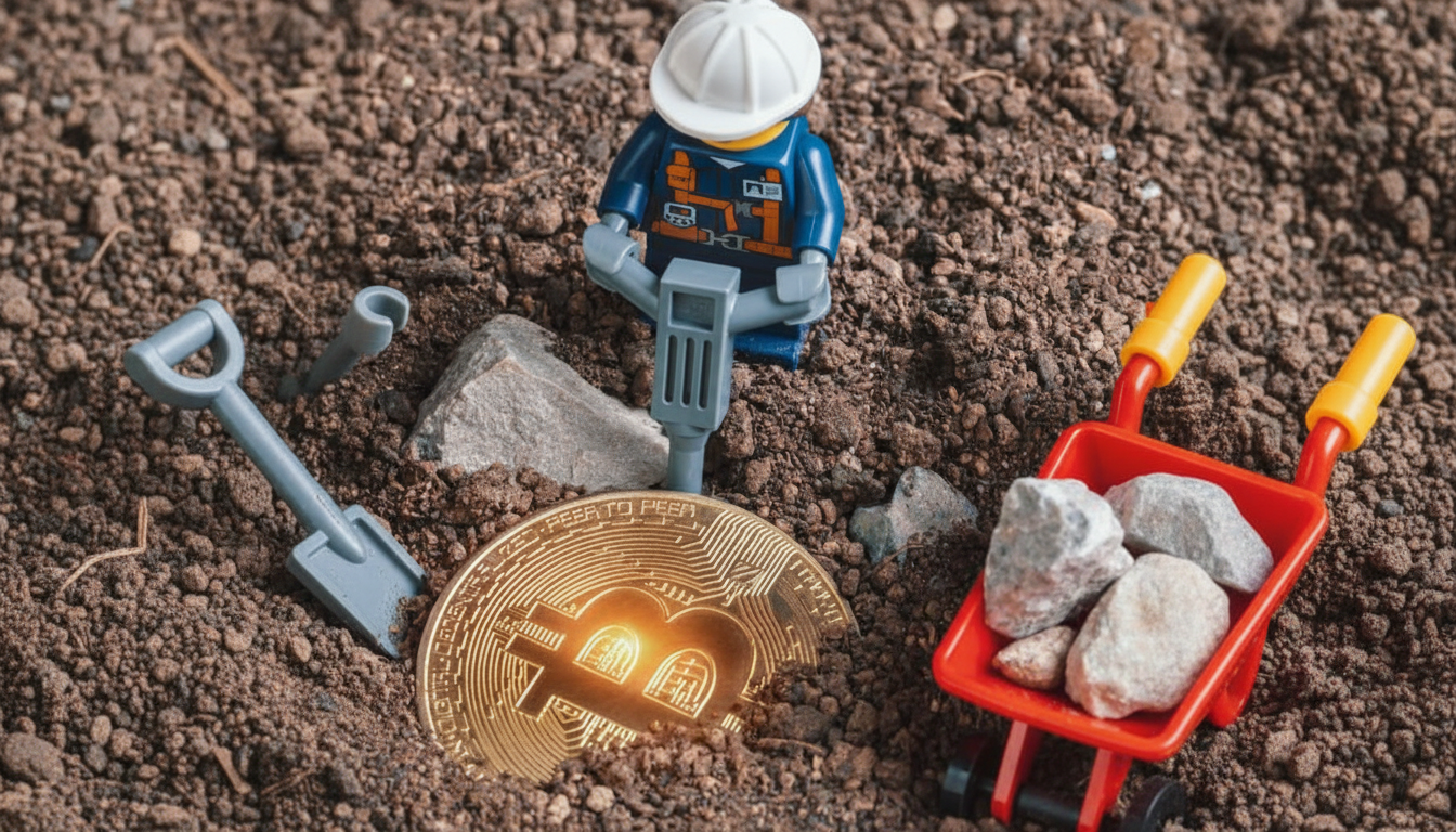 A Lego miner figure using a jackhammer next to a partially buried golden Bitcoin, with a shovel and a wheelbarrow full of rocks, all on a dirt ground.