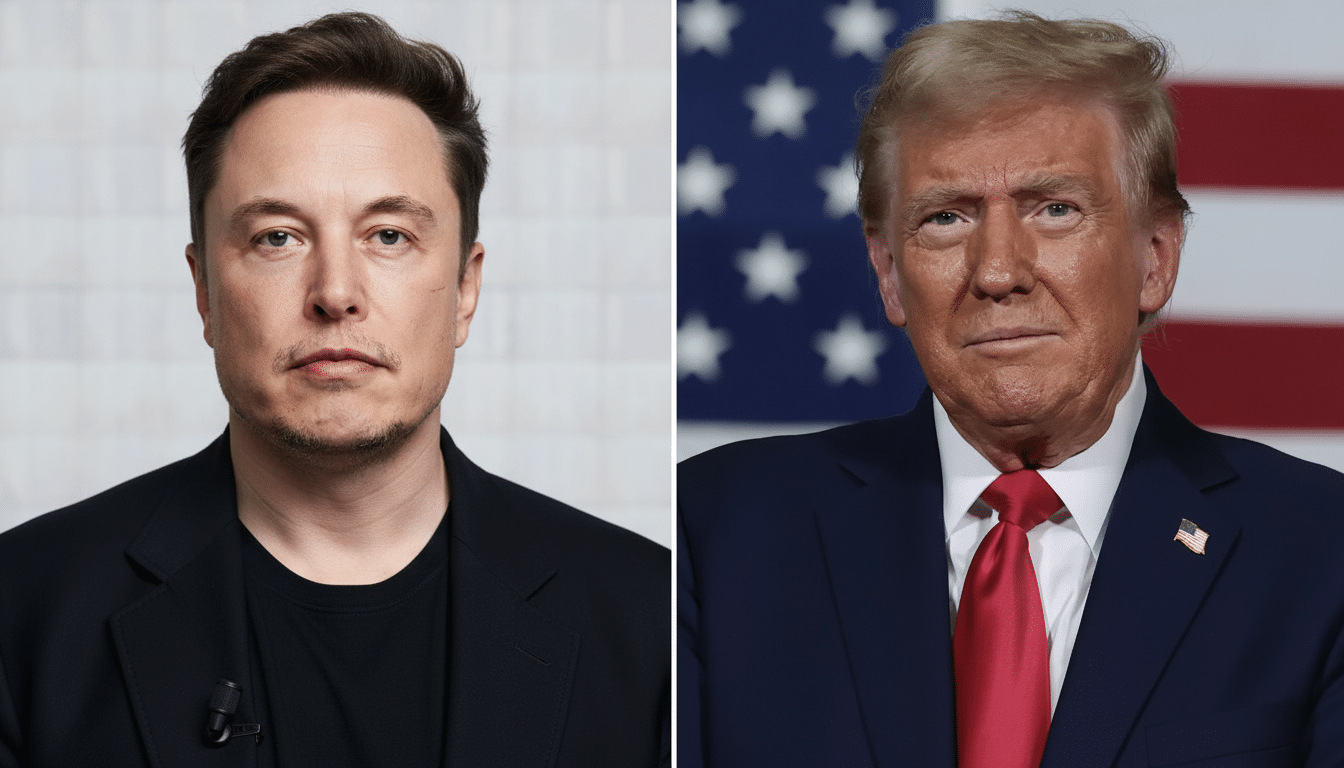 A split image showing Elon Musk on the left and Donald Trump on the right, both looking forward.
