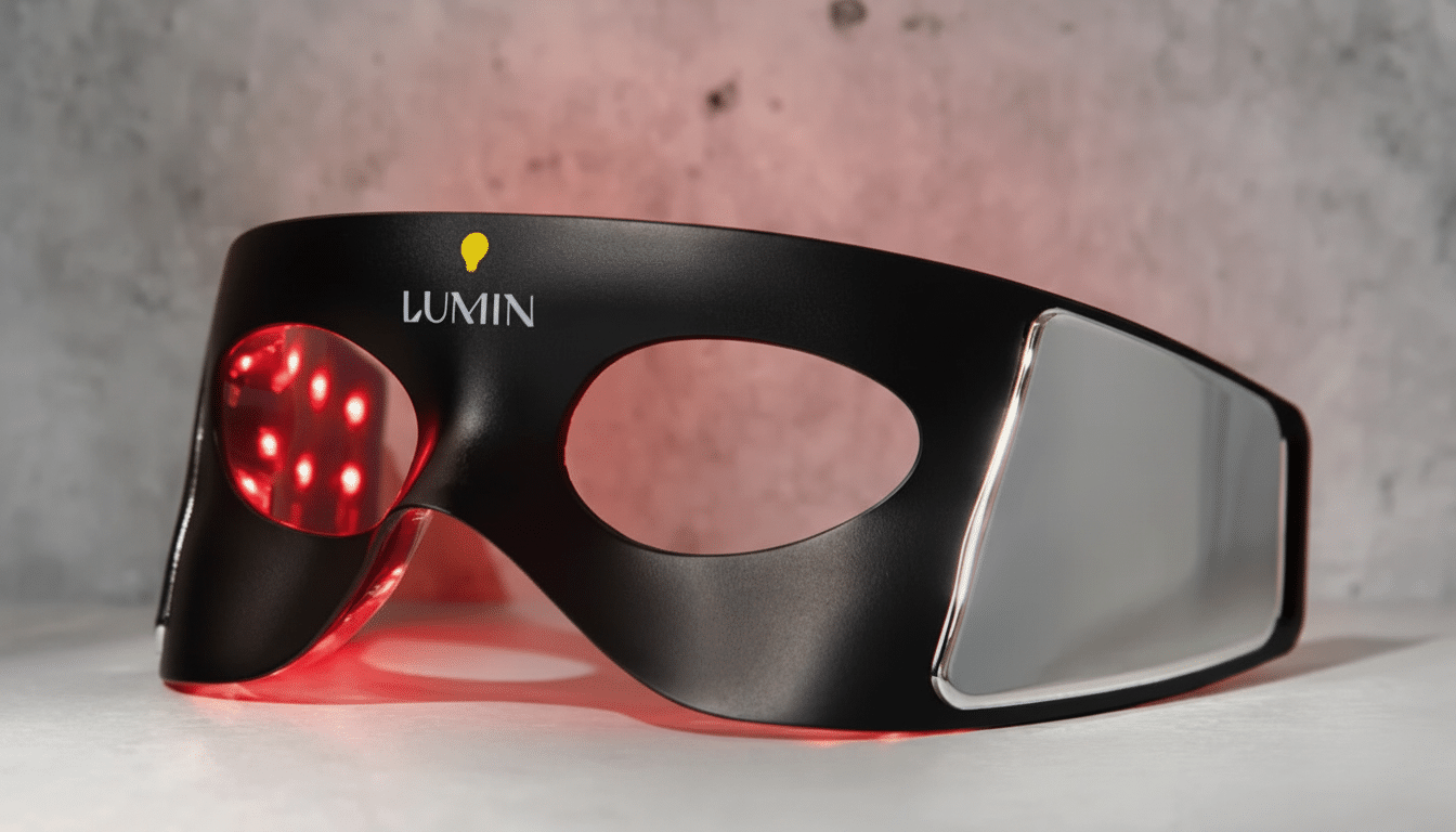 A black Lumin light therapy mask with red lights glowing on the left side, set against a light gray textured background.
