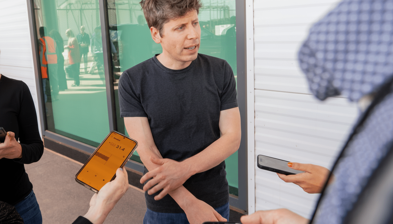 A man in a dark t-shirt and jeans stands outdoors, speaking to people holding up smartphones, one of which displays a timer.