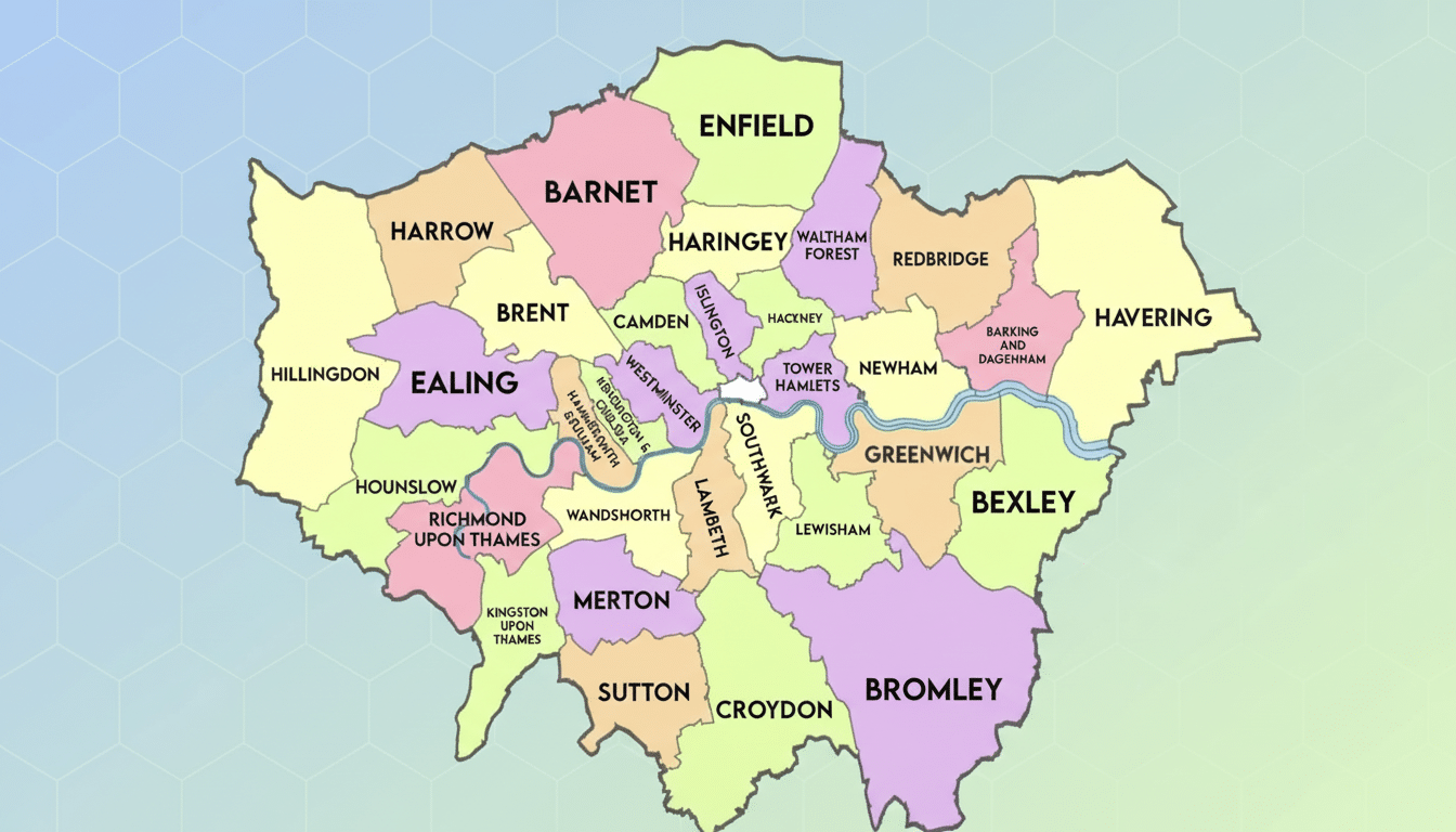 A map of Londons boroughs in a 16:9 aspect ratio, with a professional flat design background featuring soft patterns and gradients.