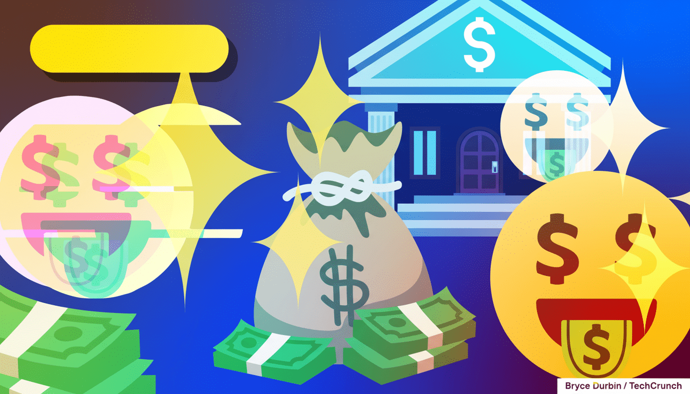 A vibrant, professionally enhanced image with a 16:9 aspect ratio, featuring a central money bag surrounded by stacks of cash and sparkling dollar signs. In the background, a stylized bank building with a dollar sign on its facade is visible. To the left and right, large emoji-like faces with dollar signs for eyes and mouths are present, adding a playful yet financial theme. The overall color scheme is a rich blue and purple gradient, with bright yellow and green accents.