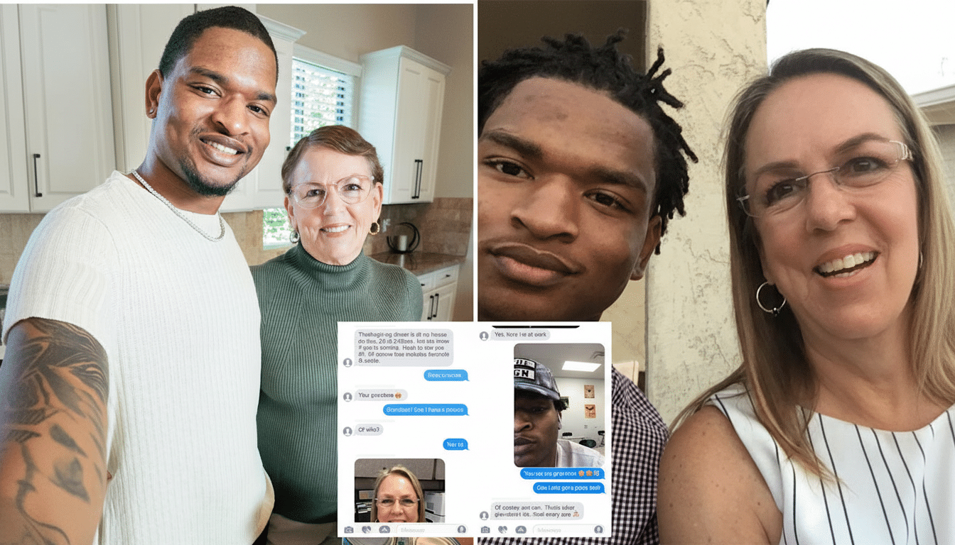 A collage of images featuring a young Black man and an older white woman, with text message conversations overlaid.