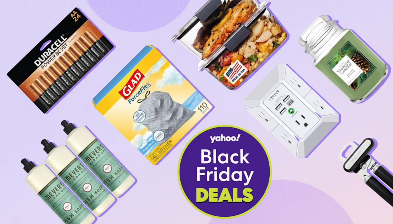 An assortment of household products, including Duracell batteries, Glad ForceFlex trash bags, Mrs. Meyers dish soap, a Yankee Candle, a power strip, a food container, and a can opener, arranged around a purple circle with yahoo! Black Friday DEALS written on it, all set against a light purple background.