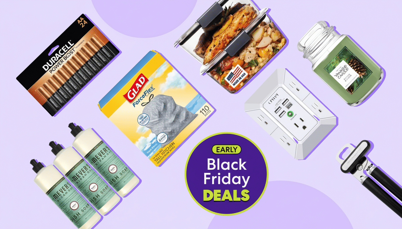A collage of various household products and a Early Black Friday Deals graphic on a purple and green background.