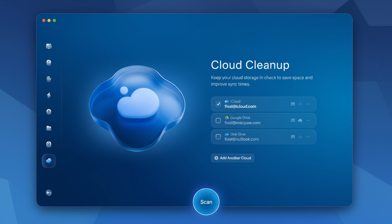 A professional screenshot of a Cloud Cleanup application interface, resized to a 16:9 aspect ratio. The application features a dark blue background with a stylized, glowing cloud icon on the left. On the right, there are options to manage iCloud, Google Drive, and OneDrive accounts, with iCloud checked. A Scan button is at the bottom center.