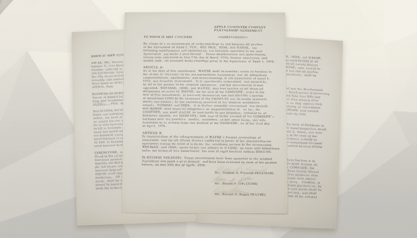 A close-up of a vintage Apple Computer Company Partnership Agreement document, with text visible and signatures at the bottom.