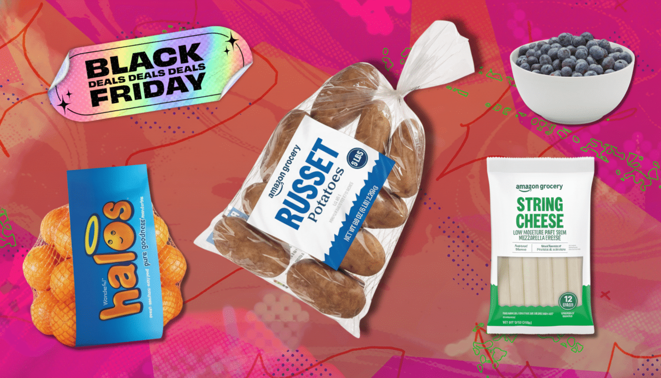 A vibrant Black Friday deals banner, a bag of Halos mandarins, a bag of Amazon Grocery Russet Potatoes, a bowl of blueberries, and a package of Amazon Grocery String Cheese are arranged on a pink background with subtle green line art.