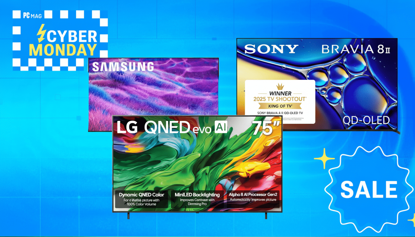 A Cyber Monday sale advertisement featuring three televisions: a Samsung TV, an LG QNED evo AI 75 TV, and a Sony Bravia 8 II QD-OLED TV, all set against a blue background with a SALE badge.