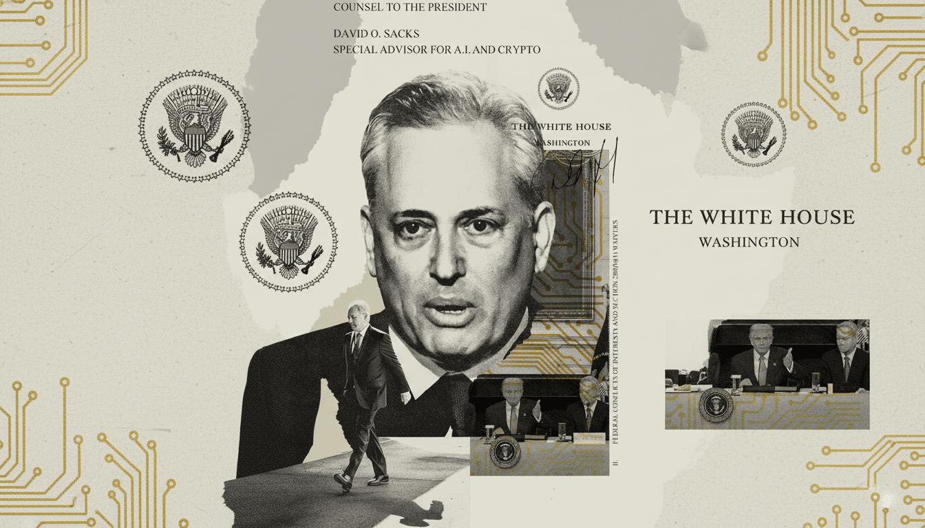 A professionally enhanced image of David O. Sacks, Special Advisor for A.I. and Crypto, with a 16:9 aspect ratio. The background features a subtle circuit board pattern in gold and black, with the White House seal and text THE WHITE HOUSE WASHINGTON visible. The central image is a black and white portrait of David O. Sacks, with smaller images of him walking and in a meeting at the bottom.
