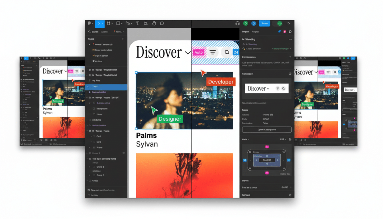 A professional, enhanced image of a design software interface, showcasing a mobile app layout with Discover as the main heading and an image of a person in the background. The interface is presented in a 16:9 aspect ratio with a clean, professional background.