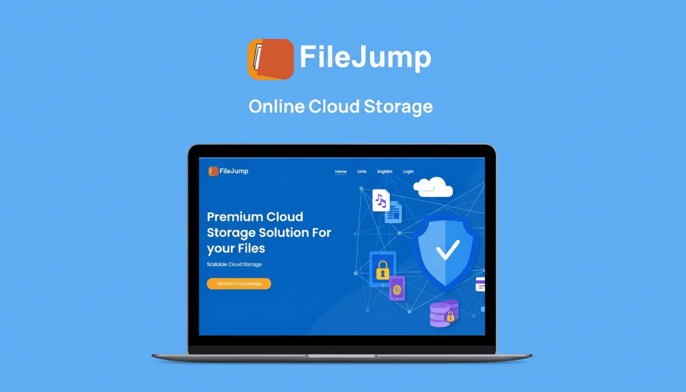 A laptop displaying the FileJump online cloud storage website, with the FileJump logo and Online Cloud Storage text above it, all set against a blue background.